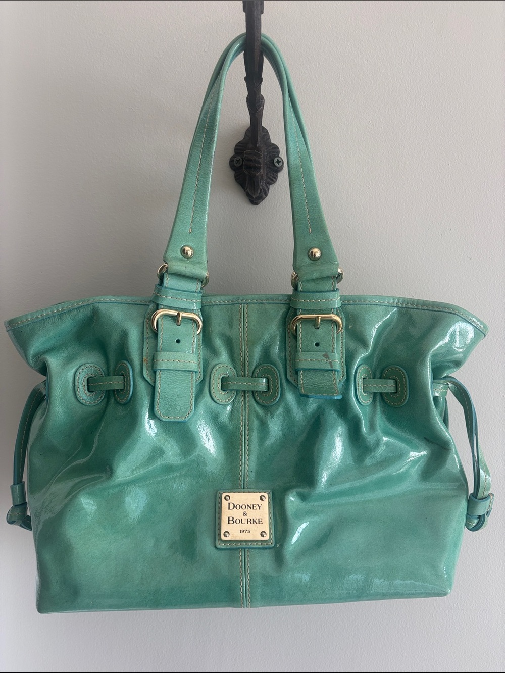 Vintage Dooney & Bourke Turquoise Patent Leather Chiara Bag with Dust Bag
